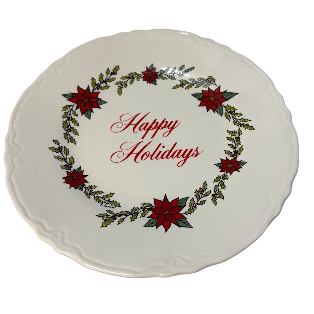 B. Lussier Happy Holidays Poinsettia Wreath Scalloped 10 Inch Dinner Plate